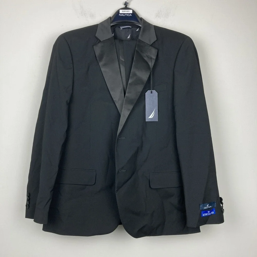Nautica Mens 2-pc Suit Modern fit Tuxedo Jacket 36R Pants 30W 30L Black